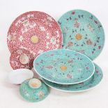 A group of Chinese famille rose turquoise and pink ground plates and pedestal dishes, plate diameter