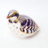 A Royal Crown Derby red legged partridge paperweight ornament, gold button, height 8cm, with