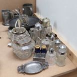 Various silver plate and pewter, including tankards, condiment pots etc