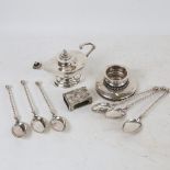 Indian white metal table lamp, Danish silver teaspoons, match case, candlestick etc