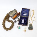 Various collectables, including Chinese lavender jade pendant necklace, amber cheroot holder,
