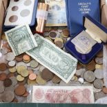 Various world coins and banknotes, including some British (boxful)