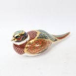 A Royal Crown Derby woodland pheasant paperweight ornament, gold button, length 17cm