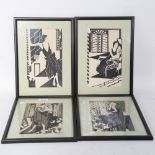 A set of 4 Art Deco woodblock prints, fashion studies, unsigned, image 24cm x 14cm (4)