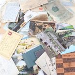Various Vintage loose topographical postcards, stamps, banknote etc (boxful)