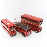 2 Vintage style model double decker London buses, and a fire engine, largest length 33cm (3)