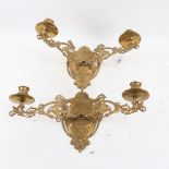 A pair of brass twin-branch wall light sconces, branch length 24cm