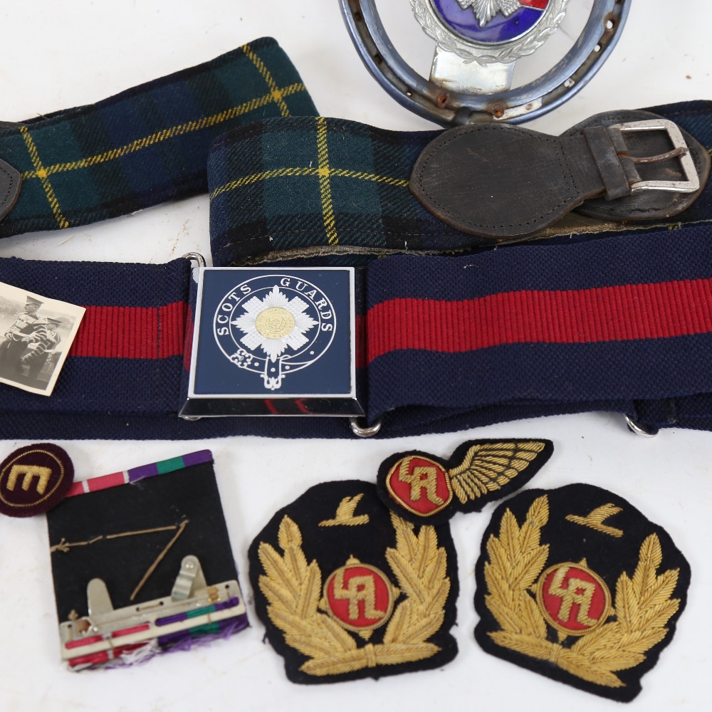 Scot's Guards horseshoe car badge, Regimental belts, medals and various insignias (boxful) - Image 2 of 2