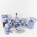 A group of Chinese blue and white porcelain items, including hexagonal jar lamp, baluster vase, moon