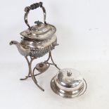 Silver plated spirit kettle on stand, muffin dish etc
