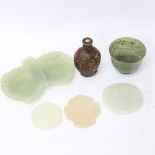 Various Chinese jade and jadeite carvings, including amulets and a bowl