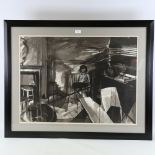 Skye Holland, monochrome watercolour, nude in the studio, unsigned, 22" x 29", framed