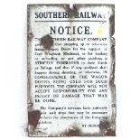 A vintage white enamel "Southern Railway Notice" sign, width 30cm, height 45cm.