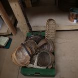 Various wicker baskets, garden trugs, copper warming pan etc