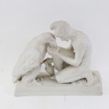 A bisque porcelain sculpture group, Zeus and Ganymede, unsigned, length 18cm
