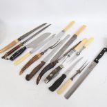 Various Antique carving knives, forks and steels, some staghorn-handled