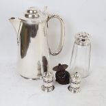 Silver plated hot water jug, Japanese carved hardwood figure etc