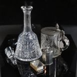 A Waterford Kylemore decanter, a cut glass and pewter German beer stein marked Rothmilller, an