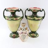 A large pair of Art Nouveau 2-handled vases, and a reticulated porcelain vase, marked RW, height