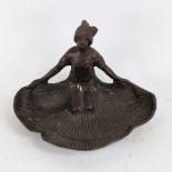 An Art Deco style patinated bronze figural girl pin dish, unsigned, width 16cm, height 10cm