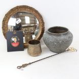 An Antique Middle Eastern copper inlaid brass bowl, a similar jardiniere, miniature portrait