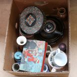 Various Studio pottery goblets, teapots, bowls etc, Huntley & Palmers biscuit tin etc (boxful)