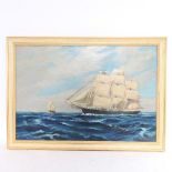 Mid-20th century oil on board, American tall ships at sea, unsigned, framed, overall 48cm x 68cm