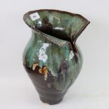 A large Studio Pottery vase, drip glazed decoration with split collar, impressed mark on base,