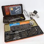Various tools, including micro soldering torch kit, desk-top Powerfix magnifying glass, Draper 33-