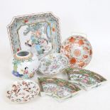 Various Chinese ceramics, including famille rose Canton style dishes, jardiniere stand etc (7)