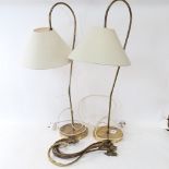 A pair of Vintage brass goose-neck table lamps and shades, height 75cm, and 4 brass tie backs