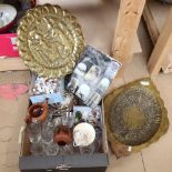 Various glass and ceramics, including Royal Crown Derby, Wedgwood Egyptian brass wall plaques etc (