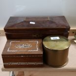 A Victorian rosewood tea caddy, trench art cannon shell box, and a Middle Eastern bone inlaid box (