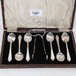 A cased set of silver teaspoons and matching tongs