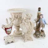 An Antique style painted Campana urn, 2 similar composition sculptures, and a 19th century German