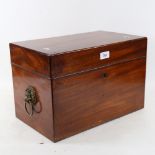 A 19th century mahogany sewing box, with lion ring handles, W40cm, H27cm, D24cm