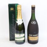 A 1 litre bottle of Remy Martin Fine Champagne Cognac VSOP, and a 75cl bottle of Veuve Hennerick