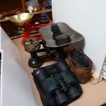 2 pairs of modern binoculars, and 2 sets of balance scales (4)