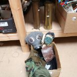 Various military items, including gas masks, cannon shell trench art vases etc (boxful)
