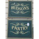 A Vintage painted wood Hudson's Pantry Shop advertising sign, each panel 32cm x 43cm