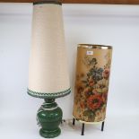 A mid-century floral cylindrical lamp, and a green glaze ceramic table lamp and shade, height