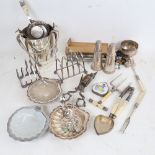 A group of silver plate, including bread fork, toast racks, butter dishes etc (boxful)