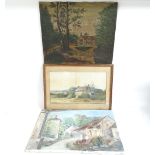 Oil on canvas, Continental farm scene, indistinctly signed, 38cm x 55cm, and a group of other