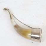 A horn powder flask with silver plated mounts, length 23cm