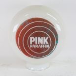 A Vintage Pink Paraffin opaque white glass advertising petrol pump globe lamp, height 40cm, diameter