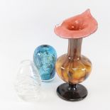 3 pieces of Art glass, including blue vase signed Norin, largest height 33cm (3)