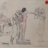 J Hoffmann, coloured etching, Atelier de Reparation, plate size 28cm x 36cm, framed