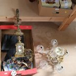 A large cast-brass table lamp on black marble base, and a moulded glass and brass 5-branch