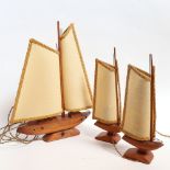 A set of 3 stained pine sailing ship table lamps, largest height 46cm (3)