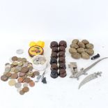 Various Vintage Bakelite pillboxes, lizard paperknife, coins etc